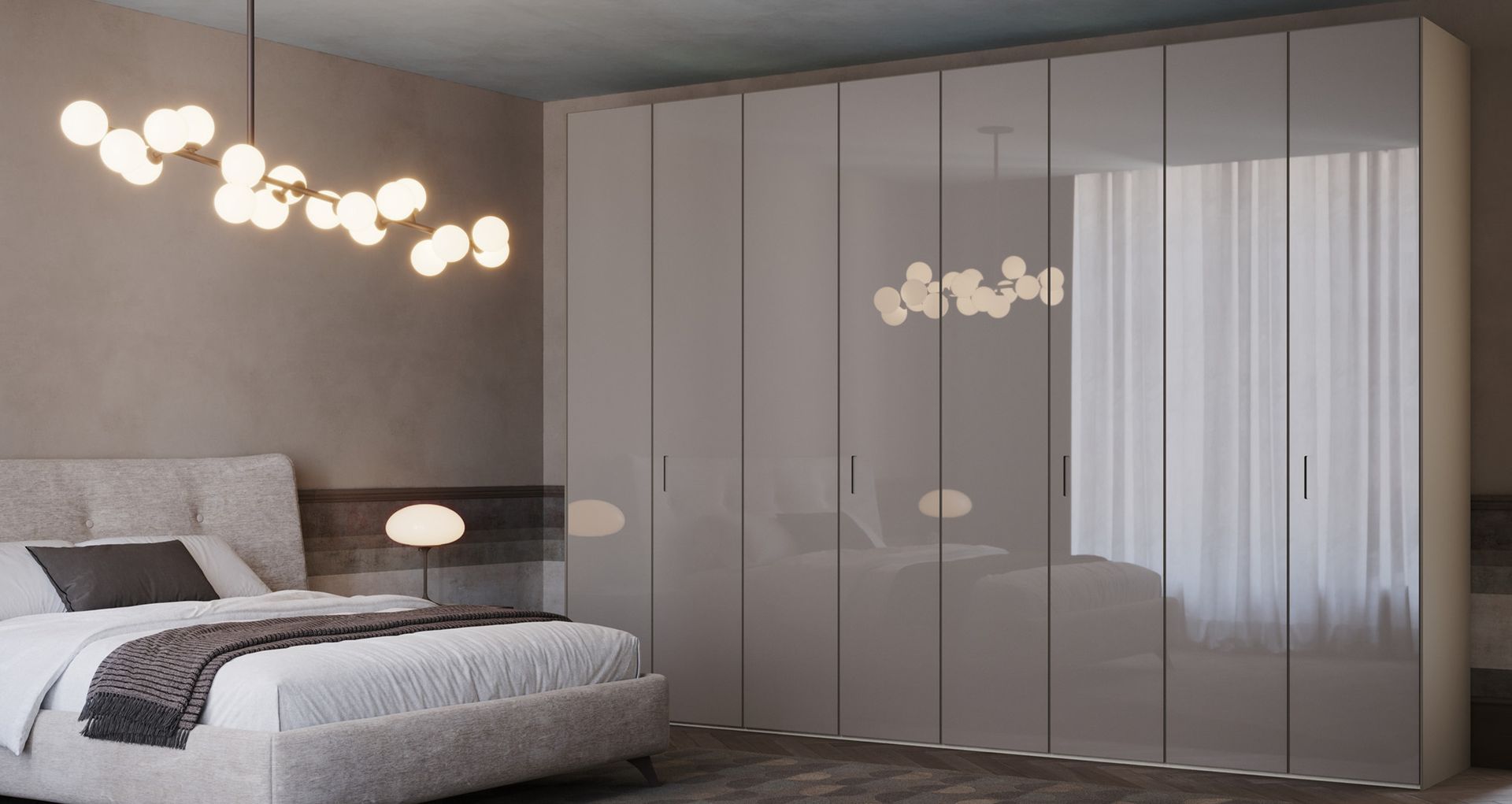 Camera da letto con grande armadio e letto grigio lucido, illuminazione moderna.