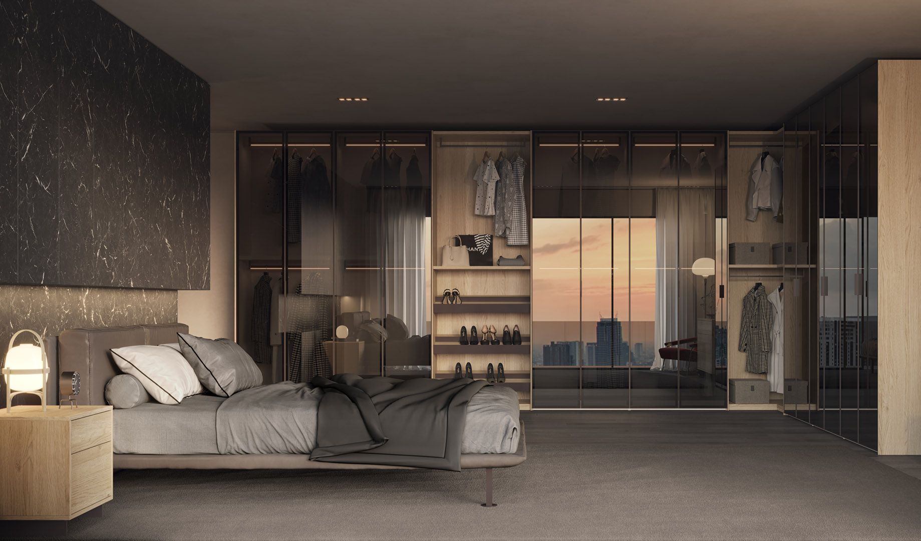 Una camera da letto di lusso con un grande armadio e un letto. Pareti scure, vista sulla città e luci soffuse.