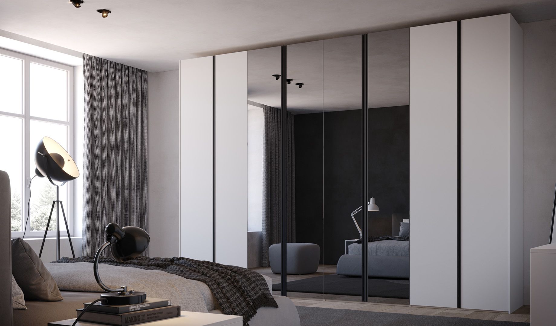 Camera da letto moderna con un grande armadio a specchio, colori bianco e grigio.