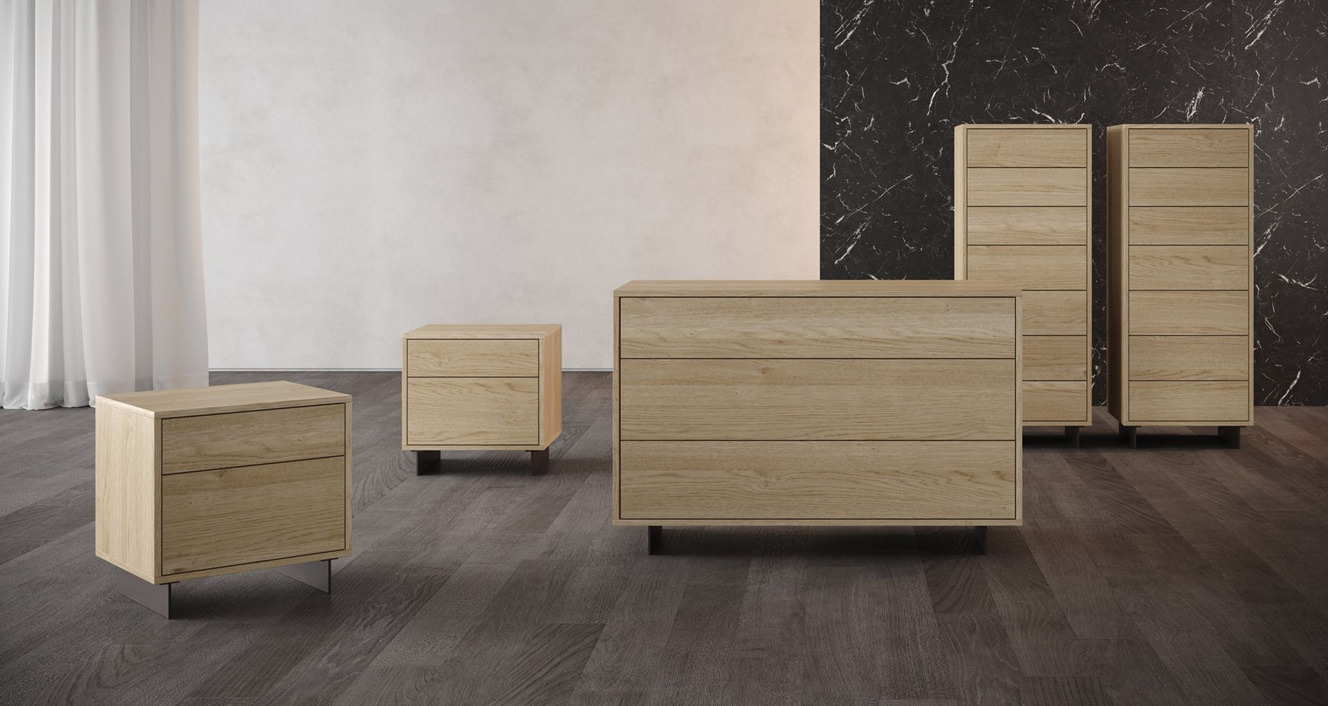Set di mobili in legno per la camera da letto: comodini, cassettiera e armadio su pavimento in legno scuro.