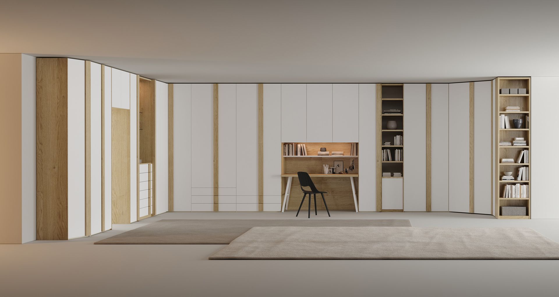 Moderno ufficio in casa con mobili bianchi e in legno integrati, scrivania, librerie e tappeti neutri.