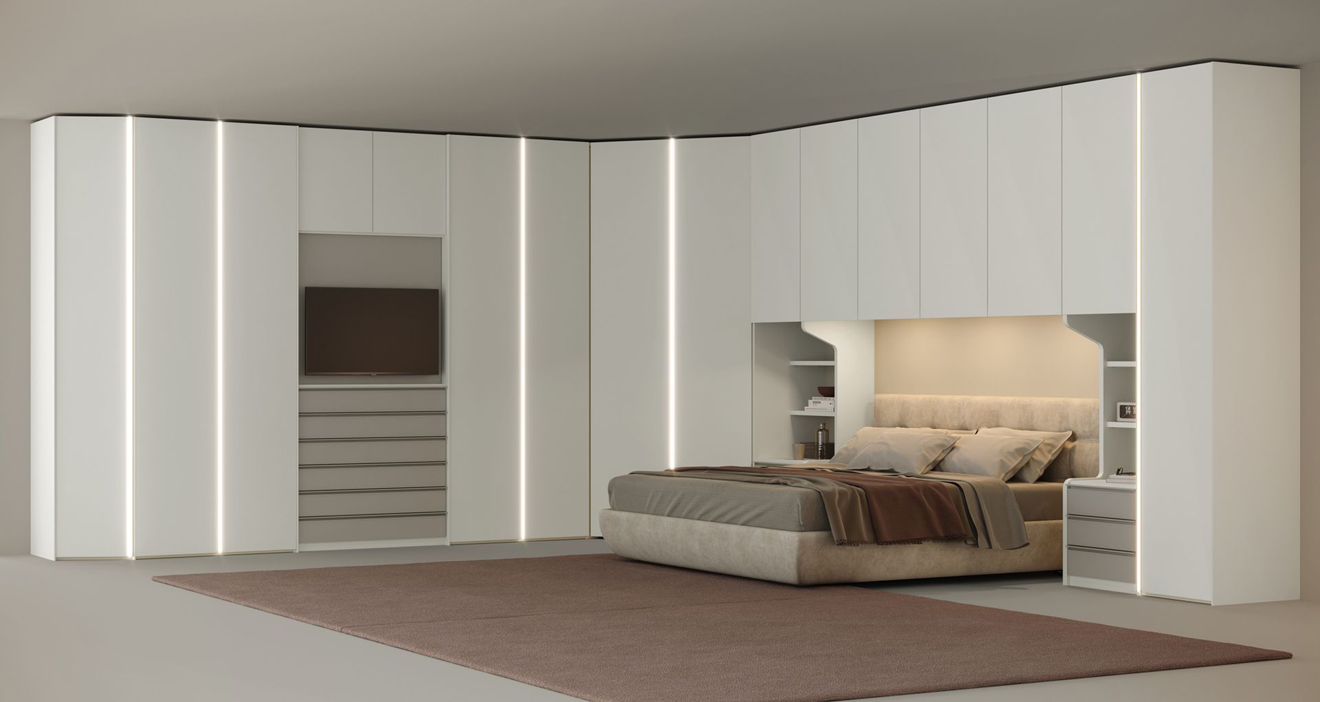 Camera da letto moderna con armadio bianco a muro, letto, cassettiera e tappeto. Include luci soffuse e TV.
