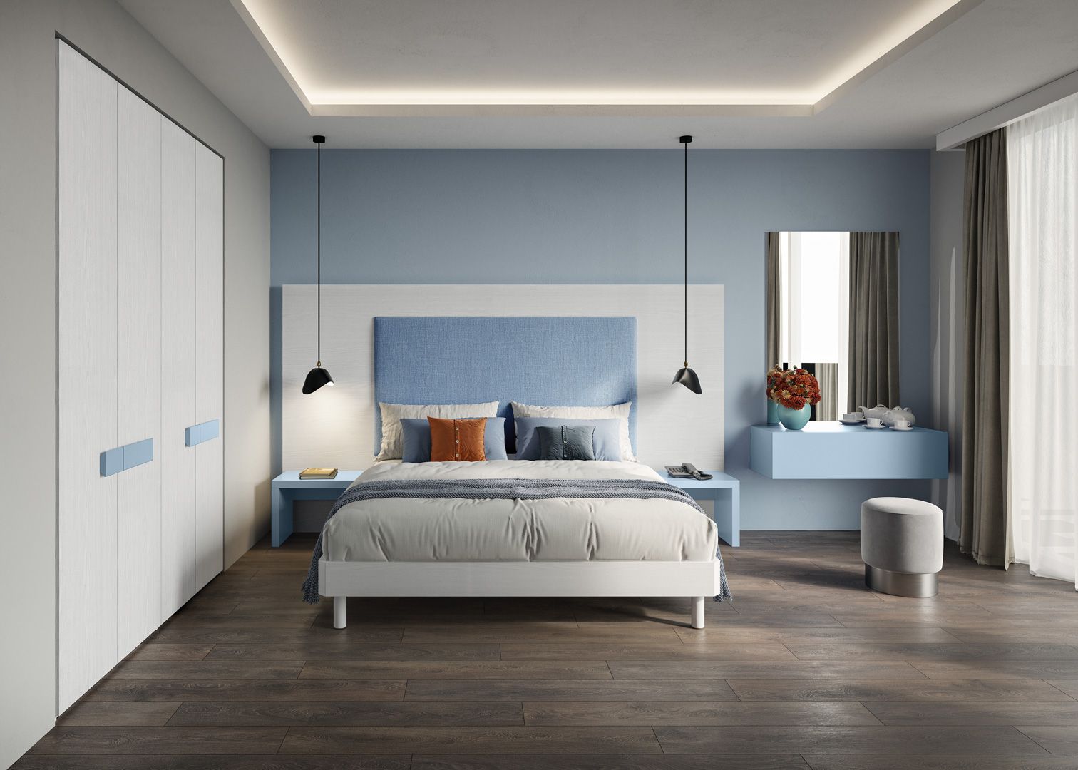 Camera da letto blu e bianca con letto, armadio, mobiletto per toeletta e pavimento in legno.