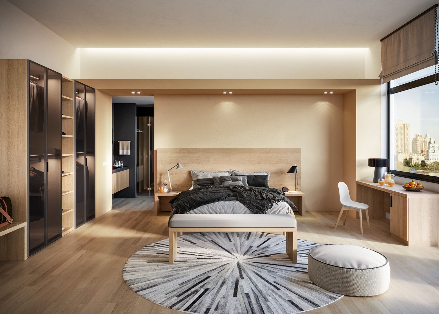 Camera da letto moderna con pavimenti in legno, letto king size, armadio a muro, scrivania.