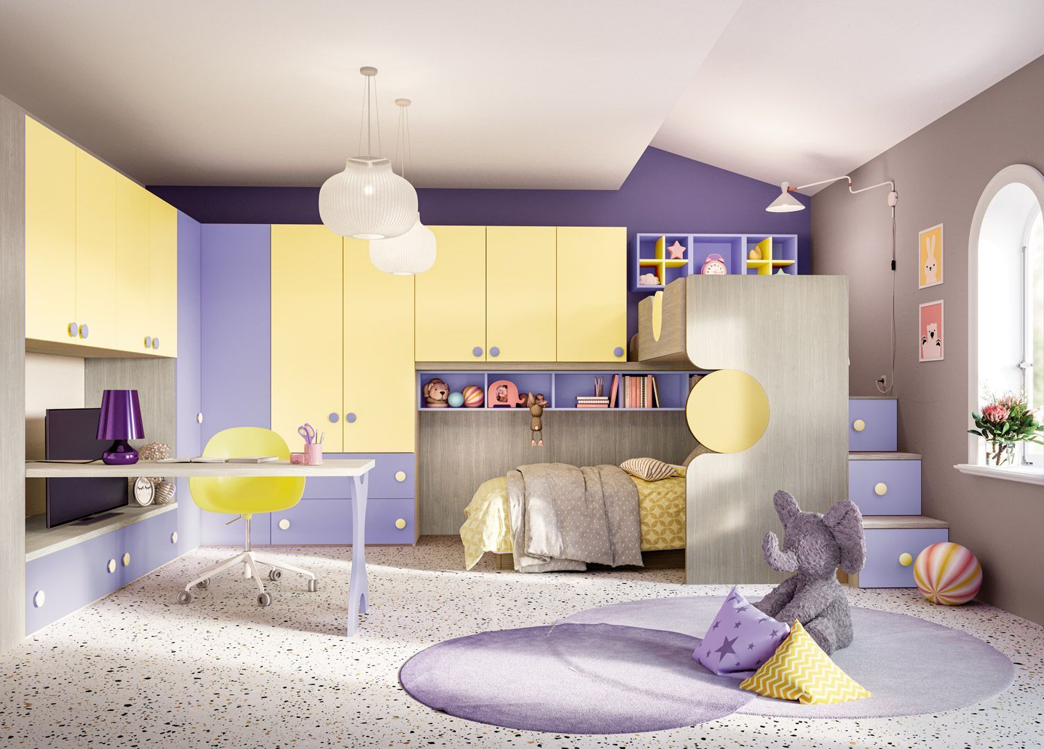 Cameretta per bambini con mobili gialli e viola, scrivania, letto e un peluche a forma di elefante.