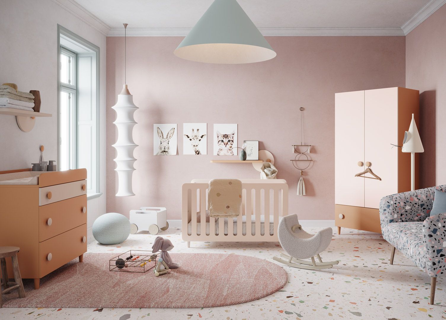 Cameretta rosa tenue con mobili in legno chiaro, tappeto rotondo e decorazioni fantasiose.