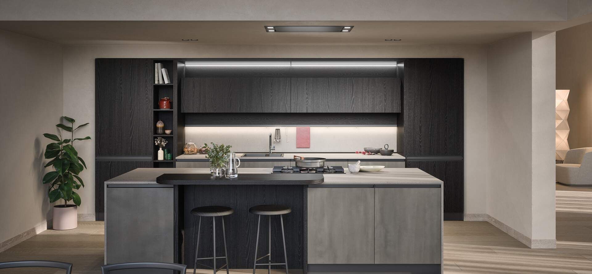 Cucina moderna con mobili in legno scuro, isola con sgabelli e pareti dai toni neutri.