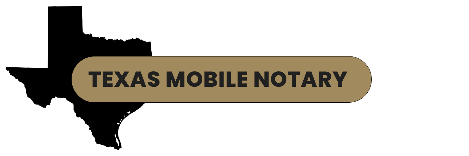 Black Texas map with gold banner that reads "Texas Mobile Notary".