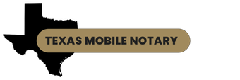 Black Texas map with gold banner that reads "Texas Mobile Notary".