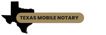 Black Texas map with gold banner that reads "Texas Mobile Notary".