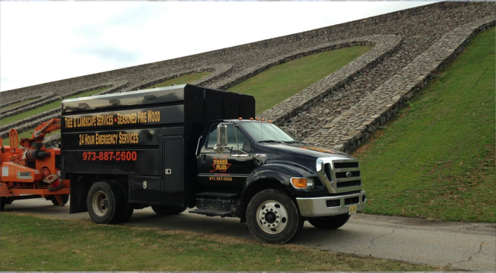 Black dump truck parked beside a grassy slope with a stone-lined channel or roadway.