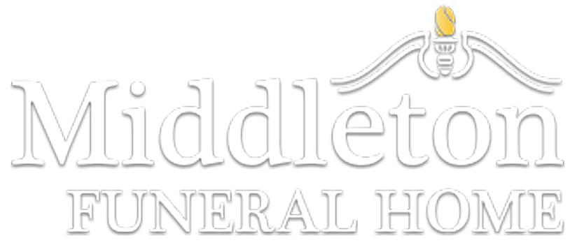 Logo for Middleton Funeral Home with white text and a stylized gold urn icon above.