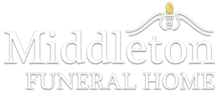 Logo for Middleton Funeral Home with white text and a stylized gold urn icon above.