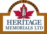 A logo for Heritage Memorials Ltd featuring a lighthouse on a red maple leaf, with the text