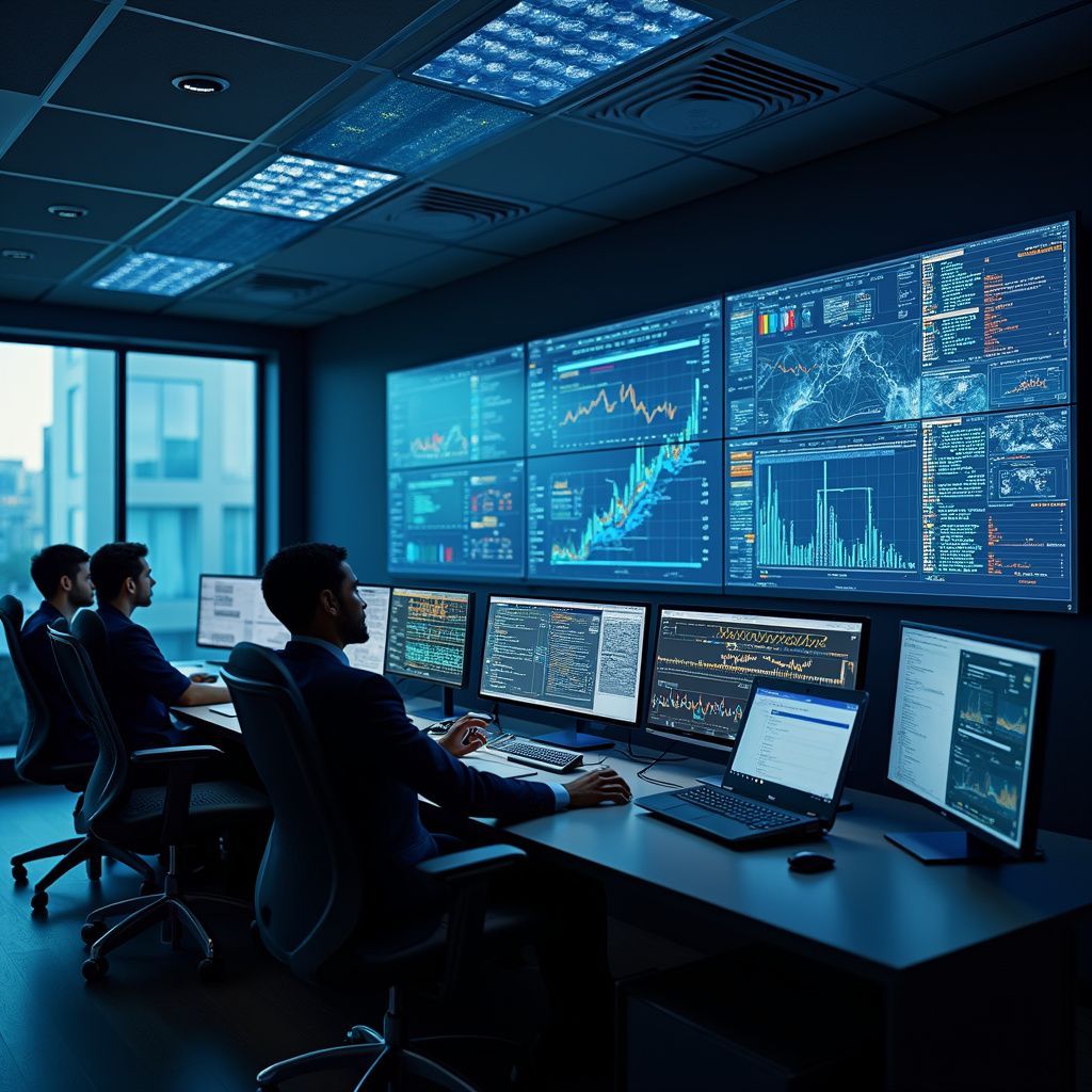 People monitoring data on multiple screens in a dark control room.