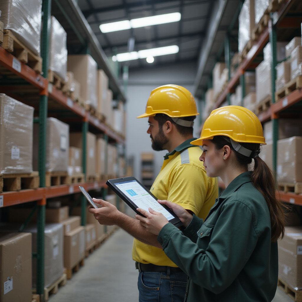 Two workers in yellow hard hats inspect boxes on warehouse shelves using a tablet and a scanner.
