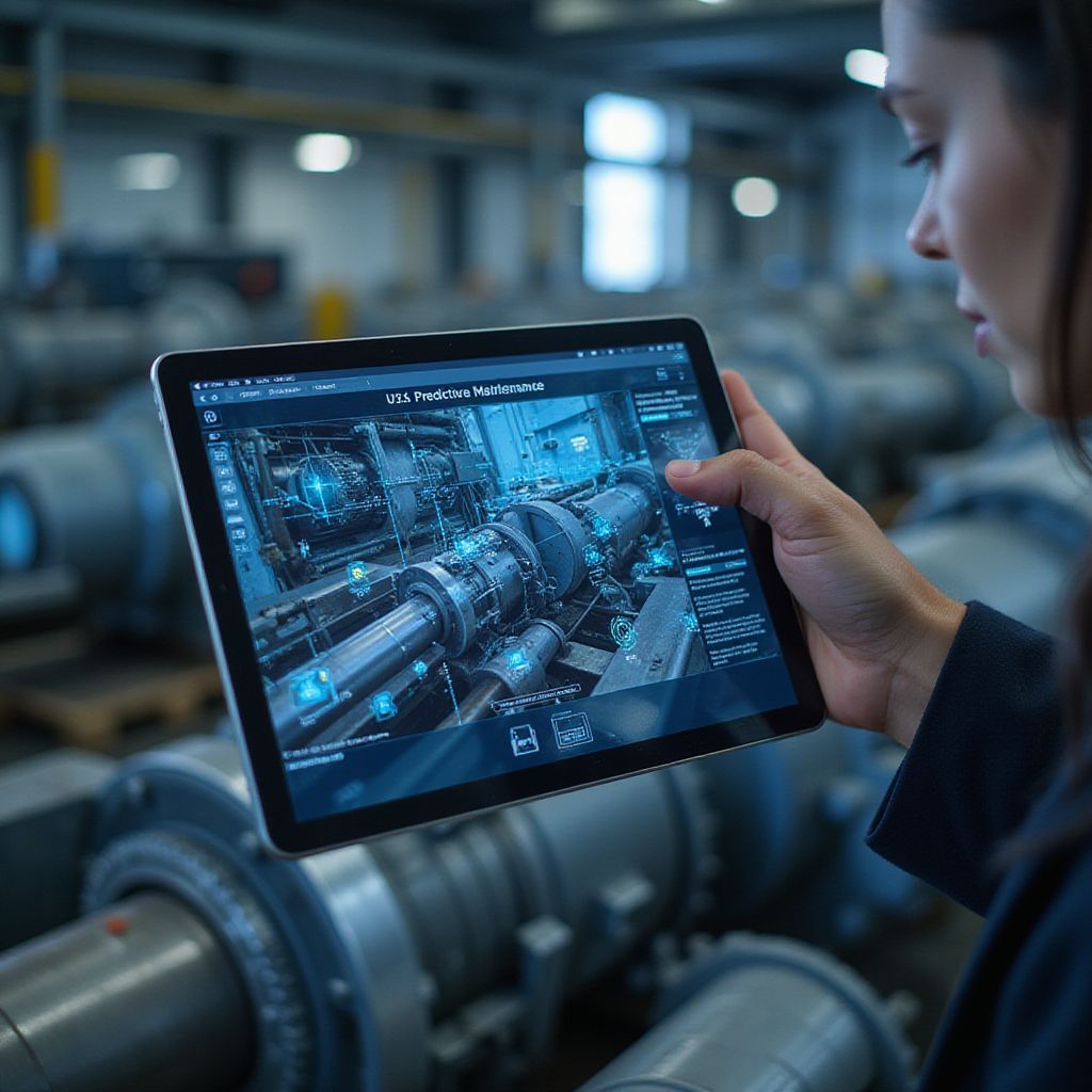 Woman holding tablet with blue factory schematic, inspecting machinery.