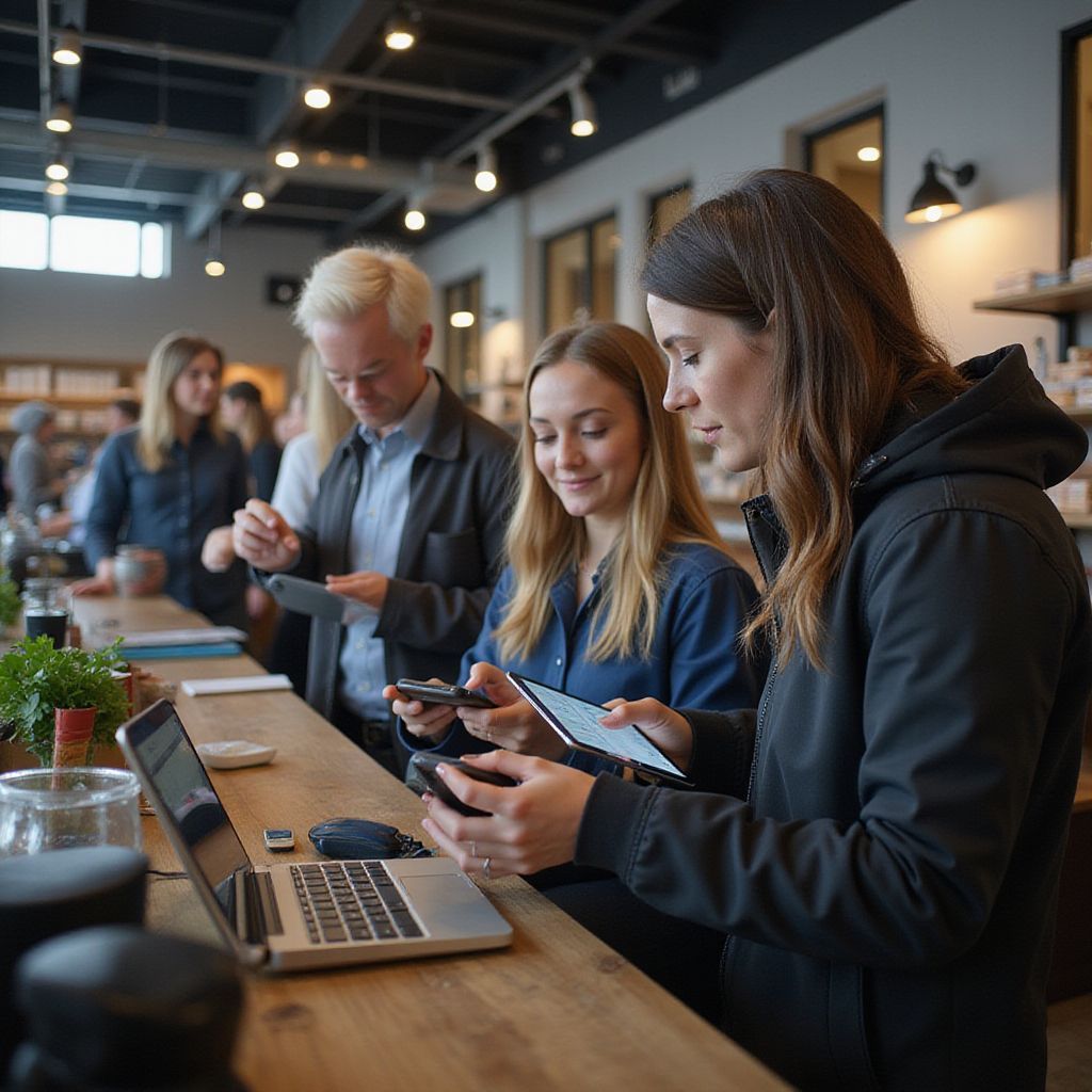 People using digital devices at a counter in a shop. A laptop and multiple tablets/phones are visible.