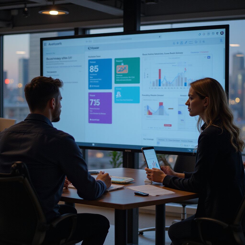Two people reviewing data on a large screen in an office setting.