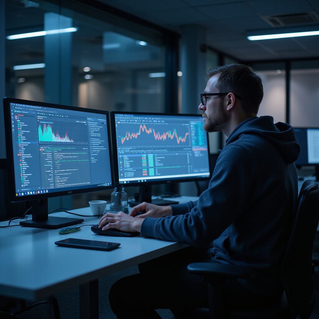 Man in glasses working on dual computer monitors in a dimly lit office.