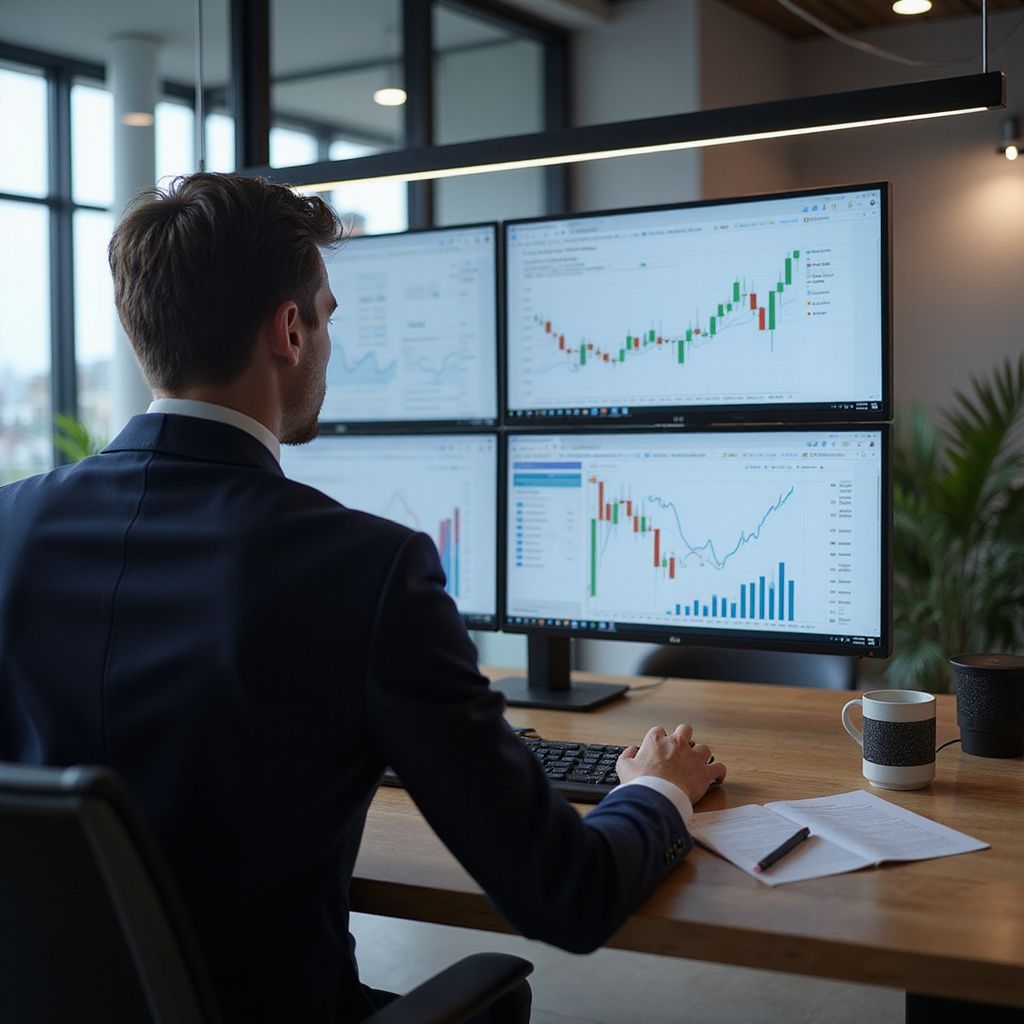 Man in suit monitors stock charts on a four-screen setup in an office.