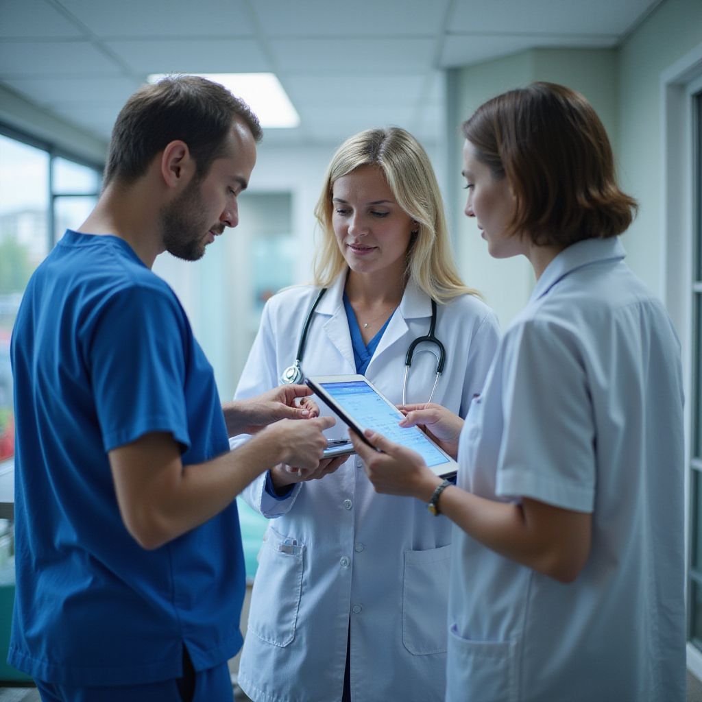 Three medical professionals reviewing a tablet in a hospital hallway.
