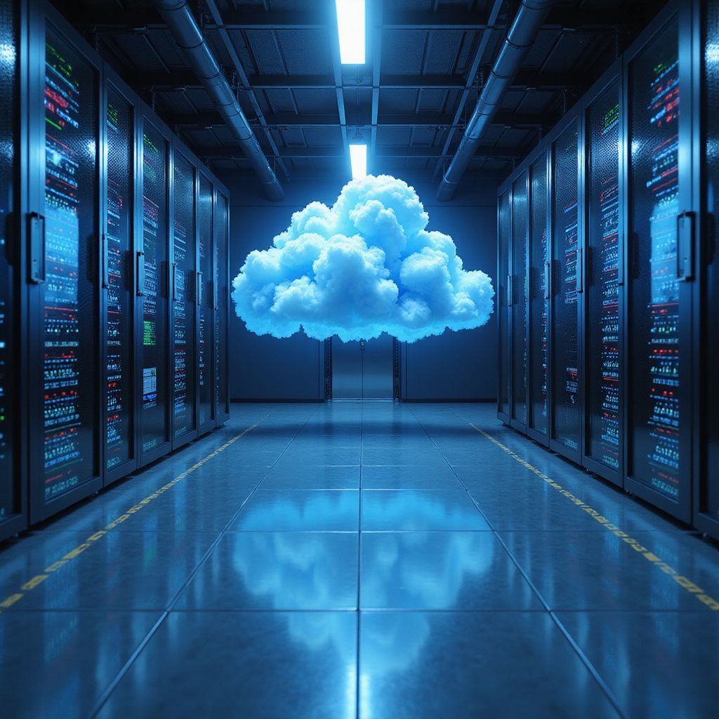 Server room with a fluffy blue cloud hovering in the center, reflecting on the floor.
