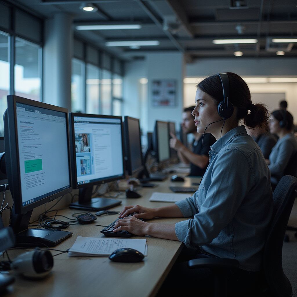 Woman with headset working at a computer in an office, other people also working at computers.