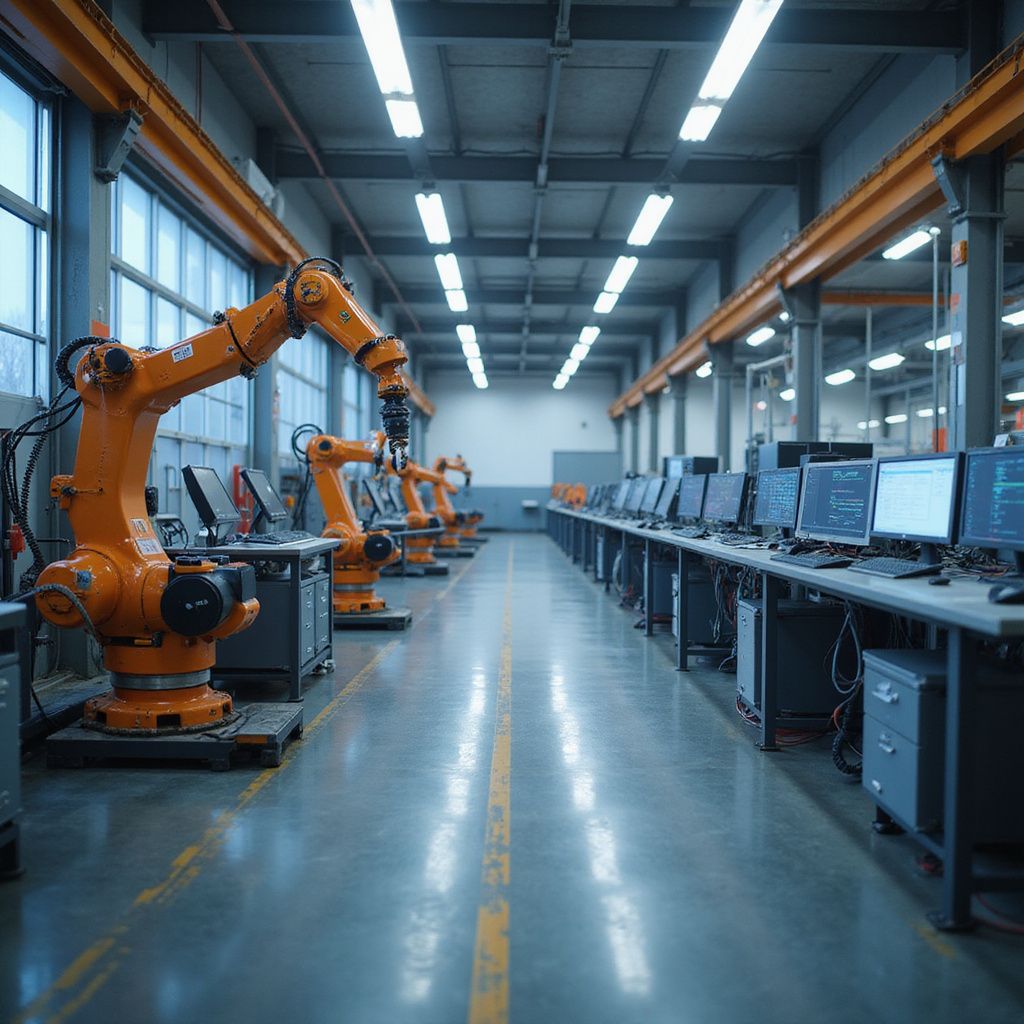 Orange robotic arms line a factory floor, next to rows of computers.