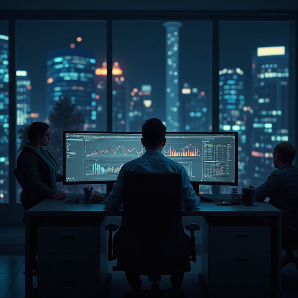 Three people analyze data on a large computer screen at night, overlooking city lights.
