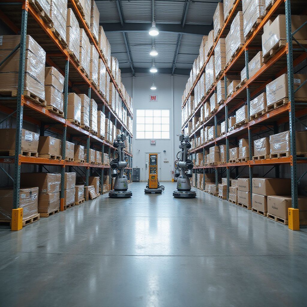 Warehouse interior with rows of boxes on shelving; robots and forklift.