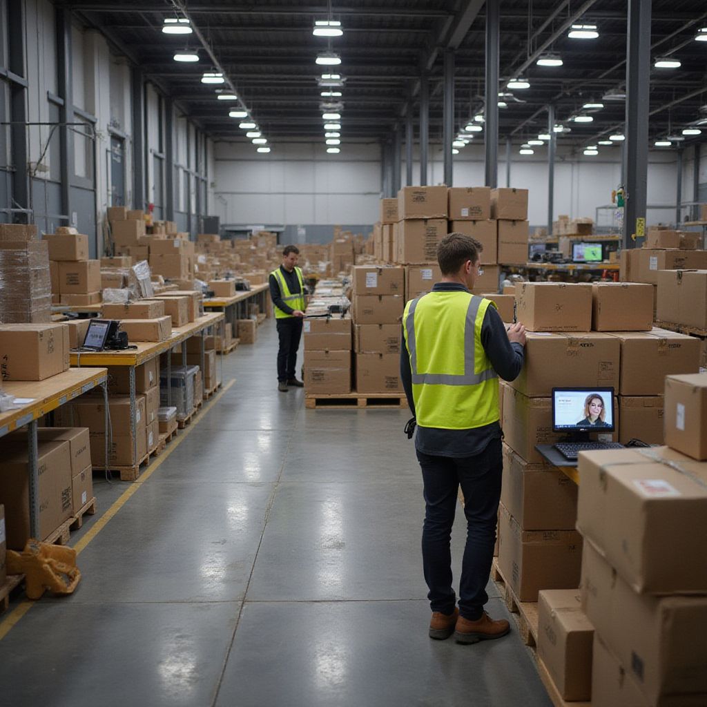 Workers in high-visibility vests sort packages in a large warehouse. One uses a laptop, the other stands by a table of boxes.