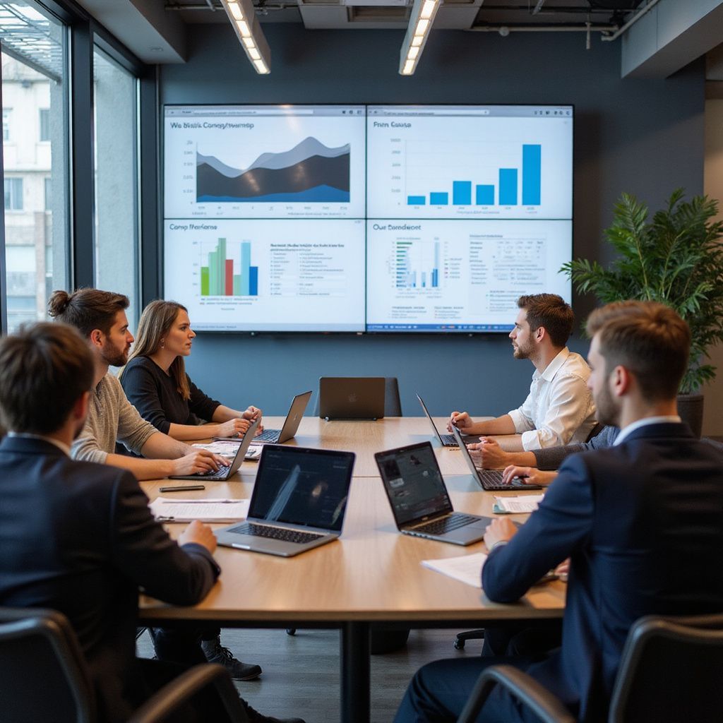 Business meeting around a table with laptops. Data graphs displayed on large screens.