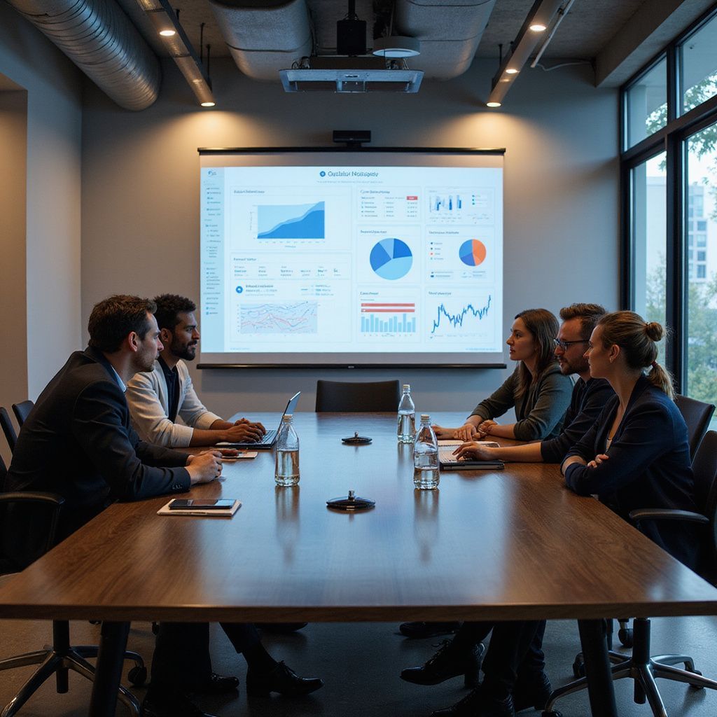 Business meeting with charts on screen. People around a table in a conference room.