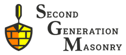 Logo for Second Generation Masonry with stylized yellow-and-orange shield icon and black text