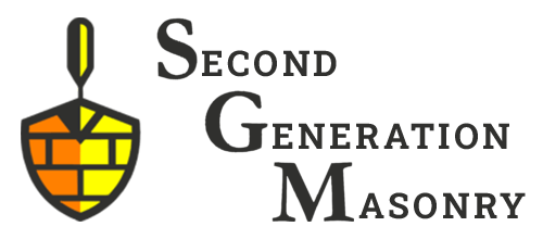 Logo for Second Generation Masonry with stylized yellow-and-orange shield icon and black text