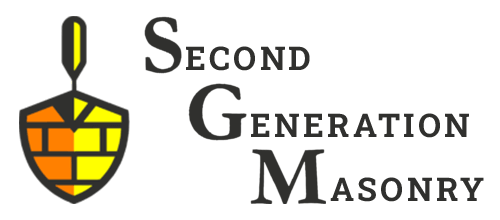 Second Generation Masonry logo with trowel and yellow brick shield icon