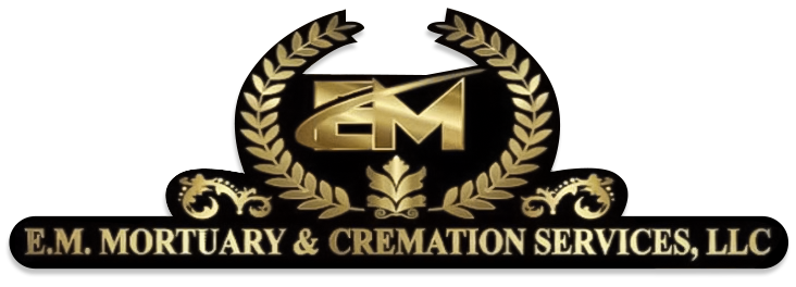 Logo for E.M. Mortuary & Cremation Services, LLC with gold wreath and initials on black background