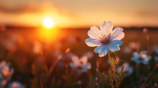 White wildflower in a sunlit field at sunset, with a glowing orange sky in the background