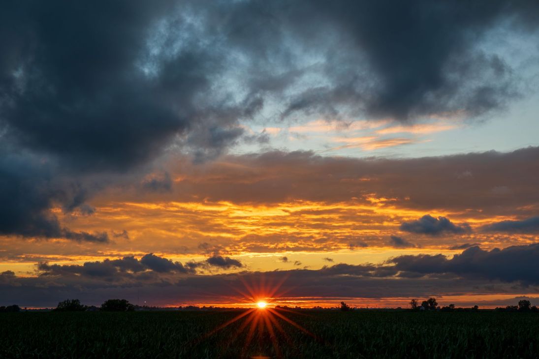 Sunset over a grassy field with dramatic clouds and a bright orange glow on the horizon