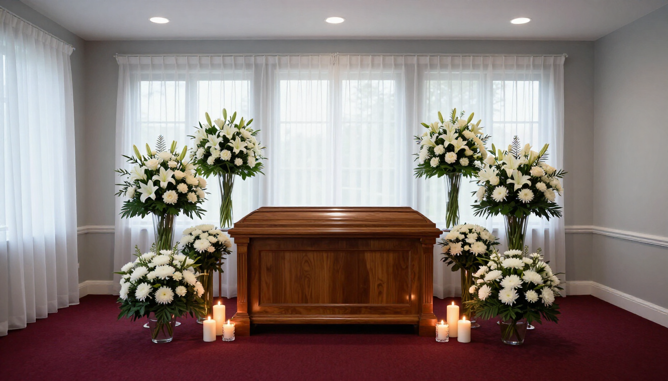 Elegant memorial service setup with flowers