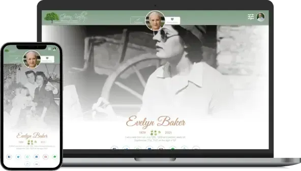 Smartphone and laptop showing a black-and-white profile portrait on a personalized website homepage