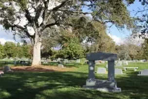 Grassy cemetery with large trees and a small stone monument in the foreground