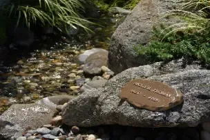 A small stream with rocks and greenery, featuring a brown plaque on a stone beside the water.