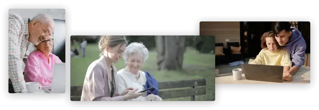 Collage of three scenes: child with headphones, elderly couple sitting outdoors, and two children reading together