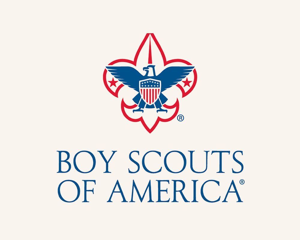 Boy Scouts of America logo: Fleur-de-lis with eagle, red, white, and blue, with text 