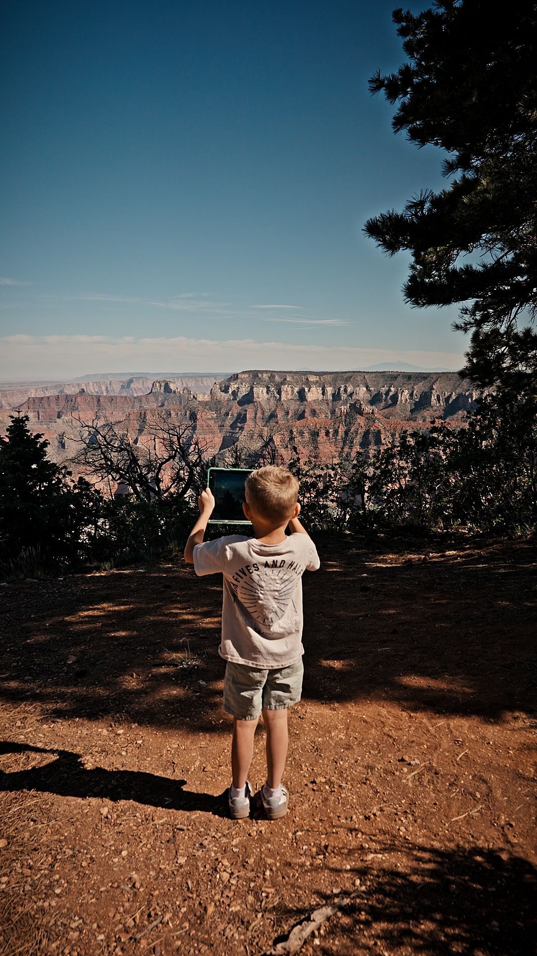 Child in a gray shirt stands on a trail, pointing at a canyon vista under a blue sky.