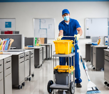 A man wearing a mask is cleaning an office with a mop and cart.
