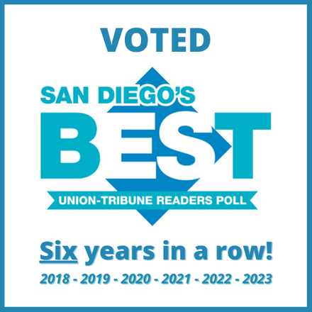 Blue and white award badge reading “Voted San Diego’s Best” with “Six years in a row!” and 2018–2023.