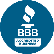 Blue Better Business Bureau Accredited Business badge with white logo and text